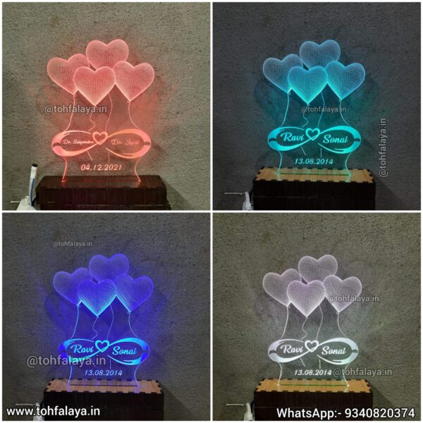 4 Heart 3D Illusion Name With Date Table Top Lamp With Multicolour And Remote - Image 4