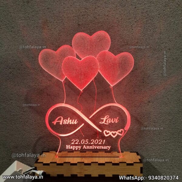 4 Heart 3D Illusion Name With Date Table Top Lamp With Multicolour And Remote - Image 5