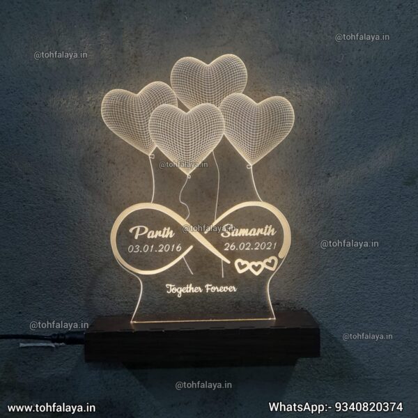 4 Heart 3D Engraved Illusion Name With Date Table Top Lamp