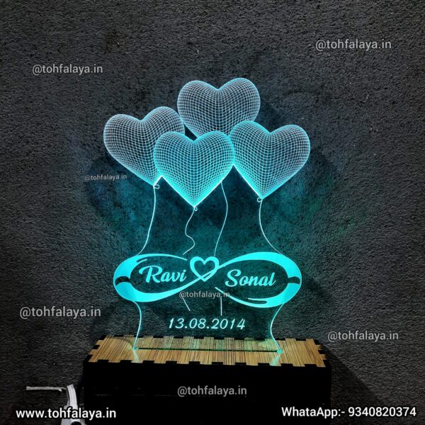 4 Heart 3D Illusion Name With Date Table Top Lamp With Multicolour And Remote - Image 3