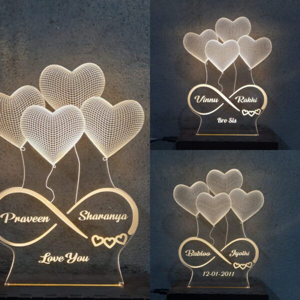 Personalized 4 Heart 3D Illusion LED Table Lamp- Best Gift for Anniversary, Couples, Wedding, Marriage, Wood, Multi-Coloured - Image 3